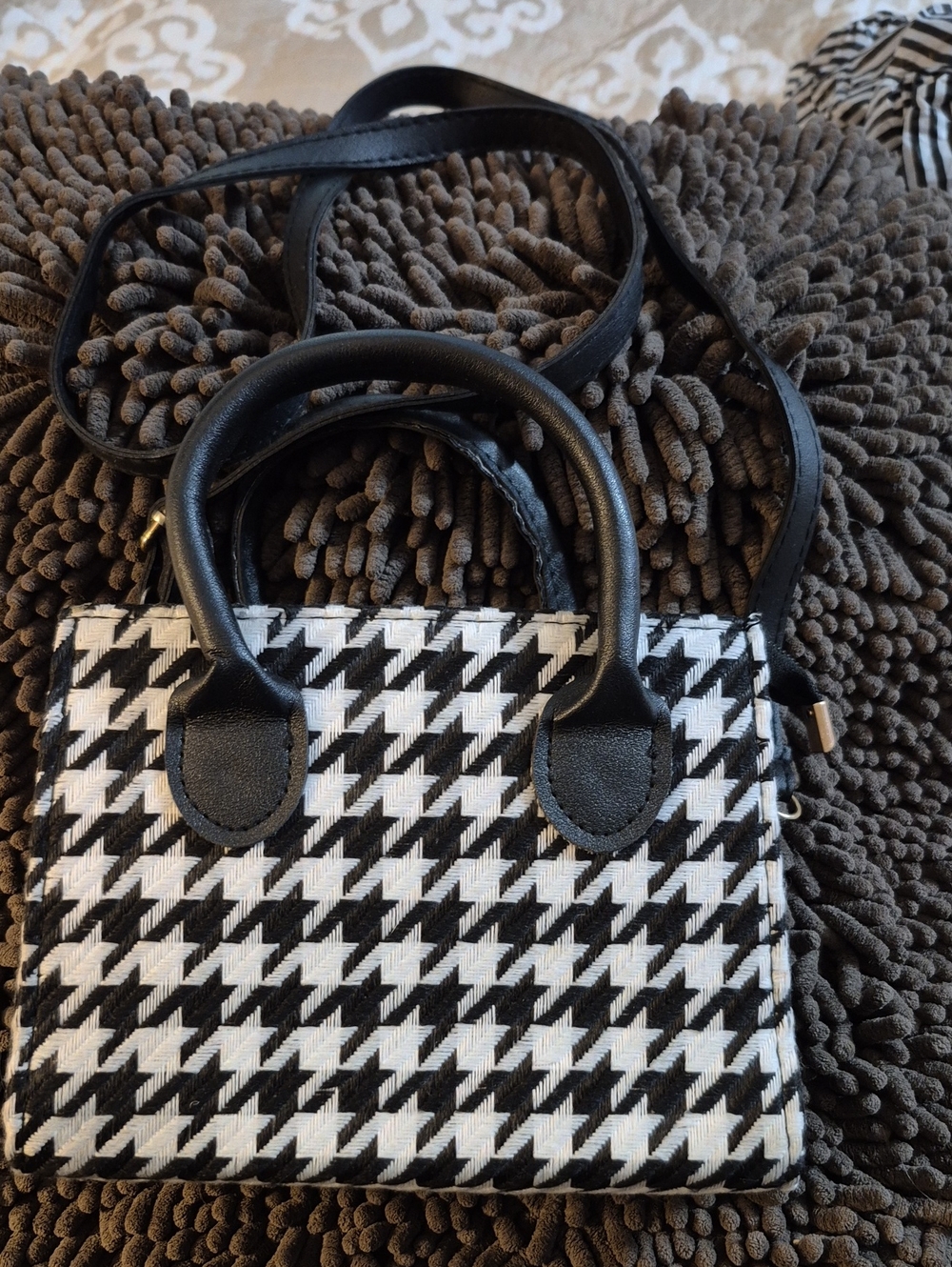 Black & White Houndstooth Mini Bag with Top Handles
